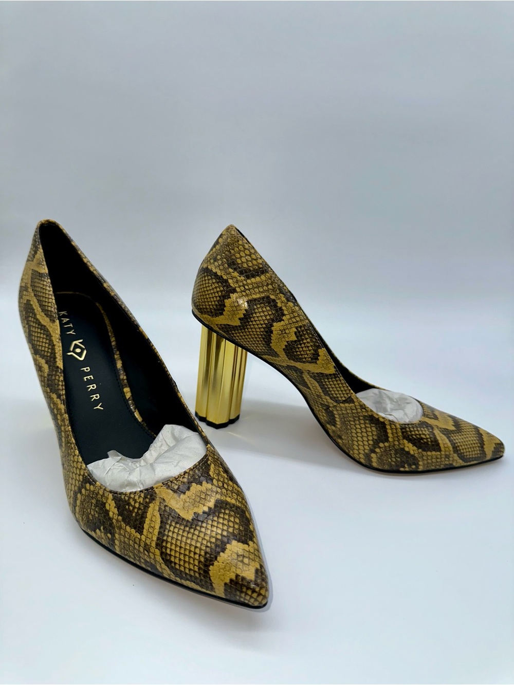 Katy Perry Collections Yellow Snakeprint Pointed Pumps with Gold Sculpted Heel